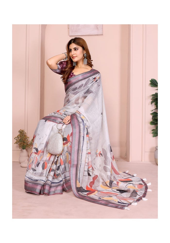 Malishka Export Linen Cotton Grey Saree for Women - Image 4
